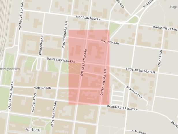 Karta som med röd fyrkant ramar in Lilla Drottninggatan, Östra Långgatan, Varberg, Hallands län