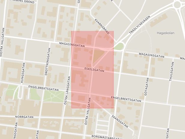 Karta som med röd fyrkant ramar in Eskilsgatan, Östra Vallgatan, Varberg, Hallands län