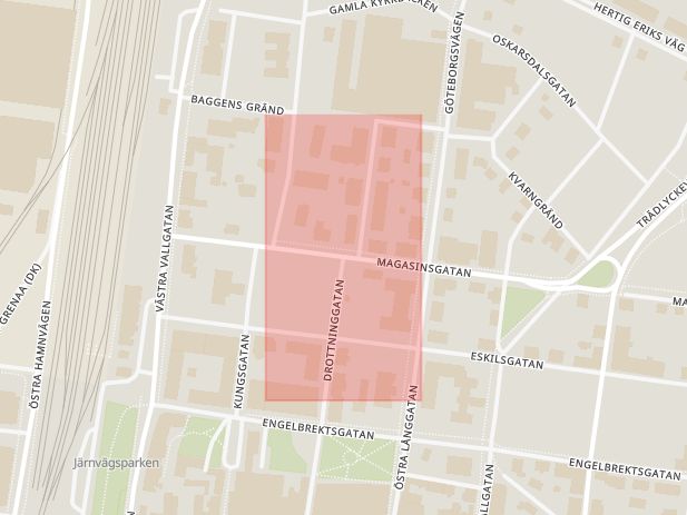 Karta som med röd fyrkant ramar in Drottninggatan, Magasinsgatan, Hospitalsgatan, Hallands län