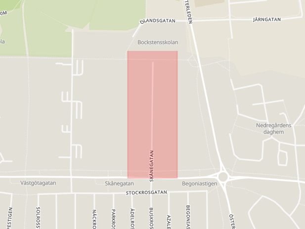 Karta som med röd fyrkant ramar in Varberg, Skånegatan, Hallands län