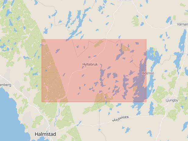 Karta som med röd fyrkant ramar in Hylte, Torsgatan, Halmstad, Kornhillsvägen, Hallands län
