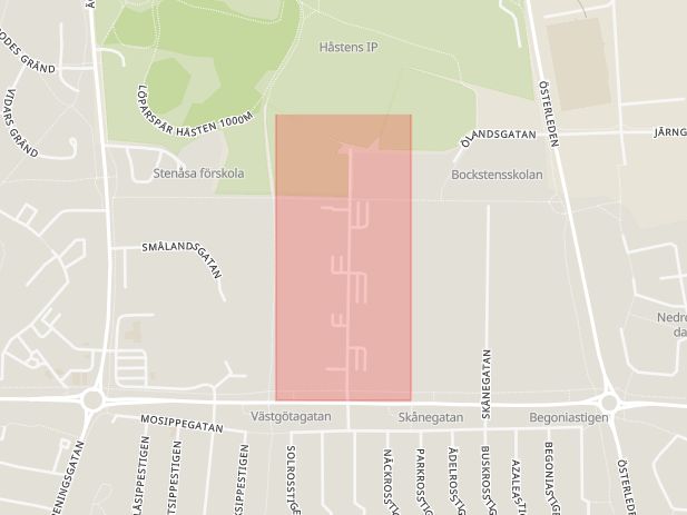 Karta som med röd fyrkant ramar in Västgötagatan, Varberg, Hallands län