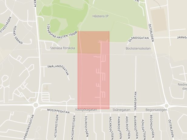 Karta som med röd fyrkant ramar in Varberg, Västgötagatan, Hallands län