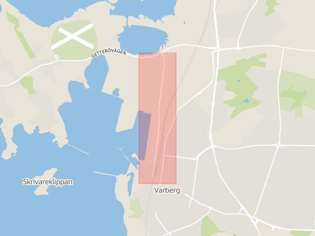 Karta som med röd fyrkant ramar in Varberg, Östra Hamnvägen, Hallands län