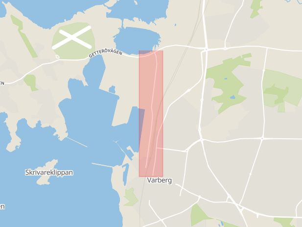 Karta som med röd fyrkant ramar in Östra Hamnvägen, Varberg, Hallands län