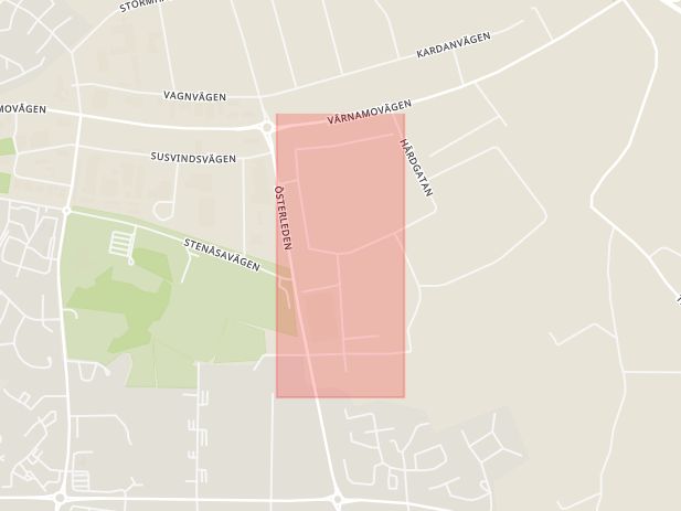 Karta som med röd fyrkant ramar in Varberg, Härdgatan, Hallands län