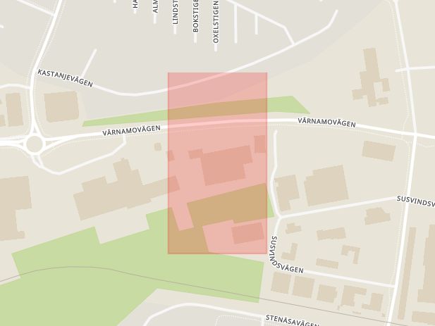 Karta som med röd fyrkant ramar in Värnamovägen, Äckregårdsvägen, Varberg, Hallands län