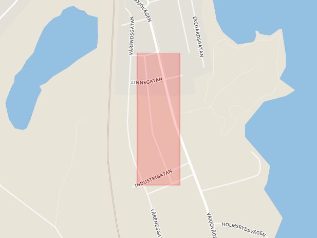 Karta som med röd fyrkant ramar in Trädgårdsgatan, Lammhult, Växjö, Kronobergs län