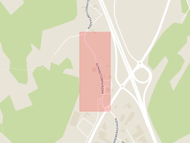 Karta som med röd fyrkant ramar in Gunnetorpsvägen, Odalvägen, Hallands län