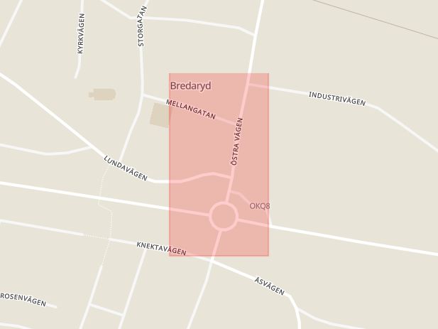 Karta som med röd fyrkant ramar in Östra Vägen, Bredaryd, Ryhov, Jönköping, Jönköpings län