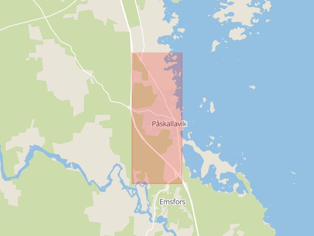 Karta som med röd fyrkant ramar in Påskallavik, Kustvägen, Oskarshamn, Kalmar län