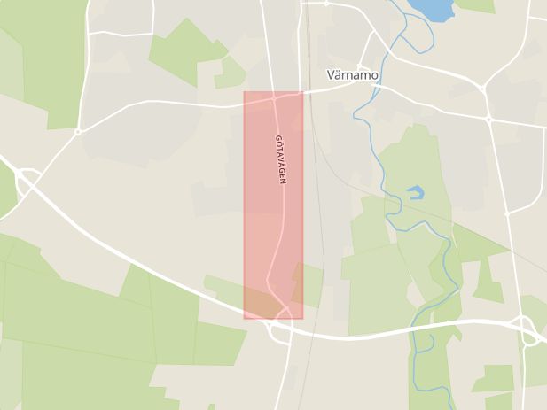 Karta som med röd fyrkant ramar in Götavägen, Värnamo, Jönköpings län