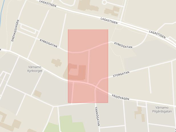 Karta som med röd fyrkant ramar in Vattengatan, Värnamo, Jönköpings län