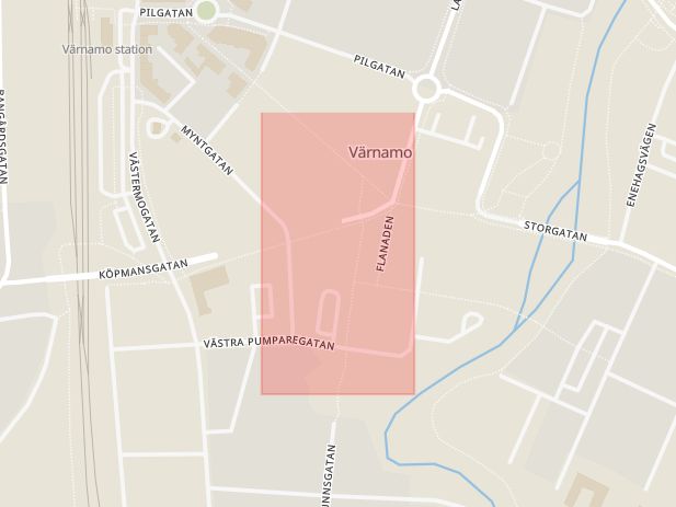 Karta som med röd fyrkant ramar in Flanaden, Värnamo, Jönköpings län