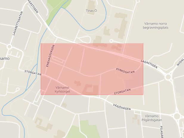 Karta som med röd fyrkant ramar in Kyrkogatan, Värnamo, Jönköpings län