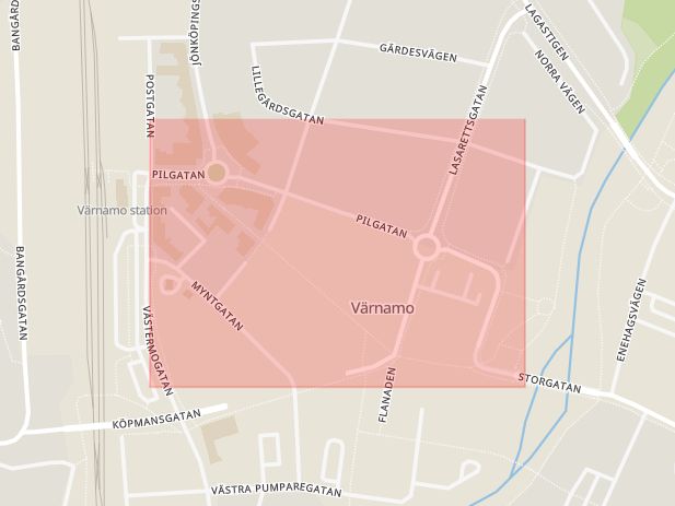 Karta som med röd fyrkant ramar in Pilgatan, Värnamo, Jönköpings län