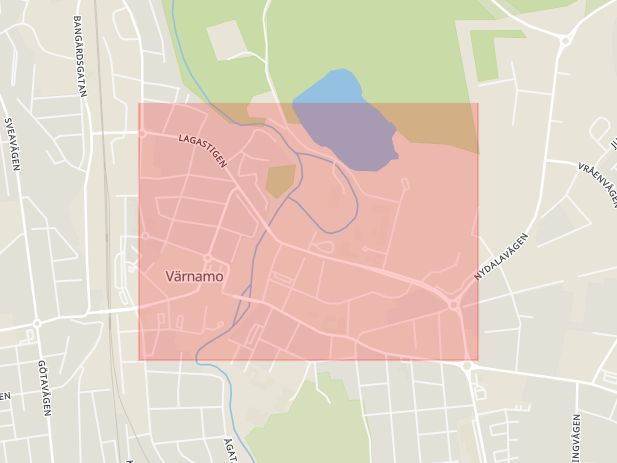 Karta som med röd fyrkant ramar in Lagastigen, Värnamo, Jönköpings län