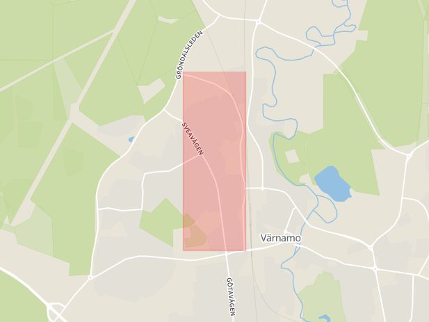 Karta som med röd fyrkant ramar in Bangårdsgatan, Värnamo, Jönköpings län