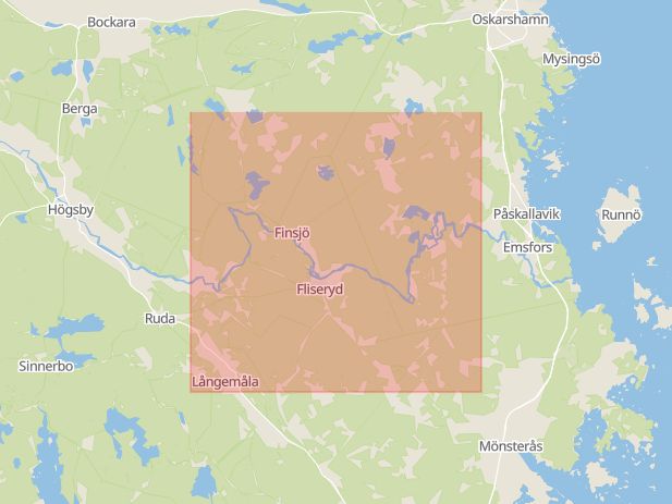 Karta som med röd fyrkant ramar in Fliseryd, Oskarshamn, Mönsterås, Kalmar län