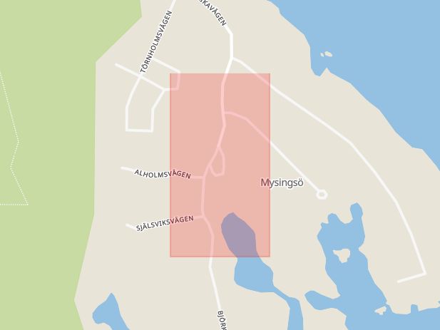 Karta som med röd fyrkant ramar in Mysingsö, Oskarshamn, Kalmar län