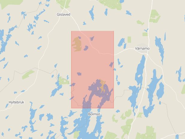Karta som med röd fyrkant ramar in Bredaryd, Gislaveds Kommun, Värnamo Sjukhus, Gislaved