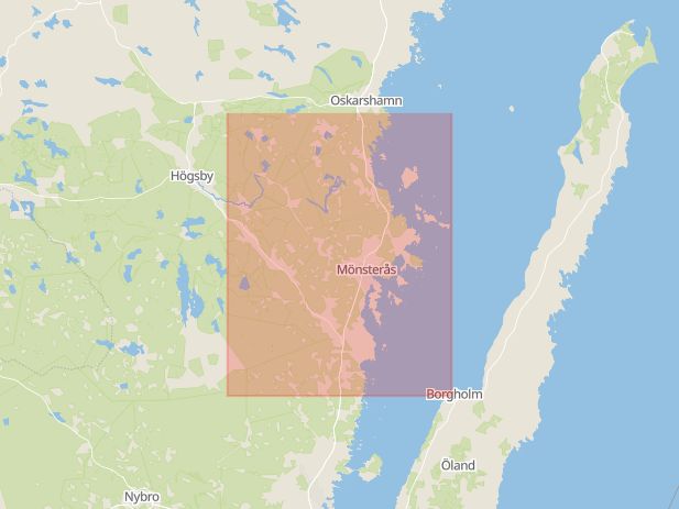 Karta som med röd fyrkant ramar in Mönsterås, Oskarshamn, Kalmar län