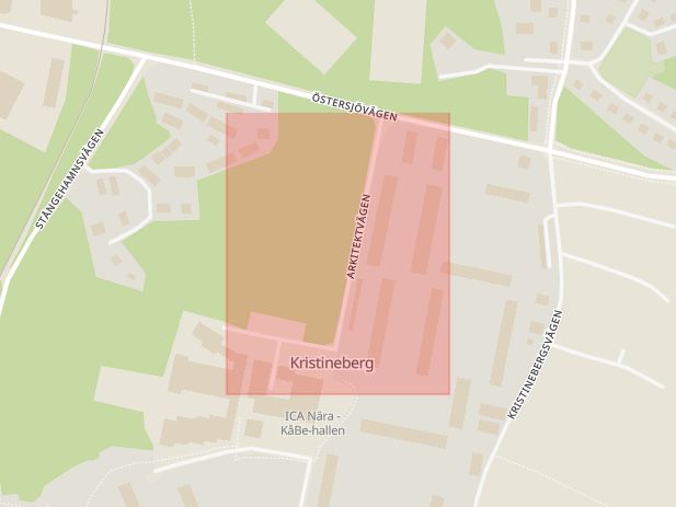 Karta som med röd fyrkant ramar in Kristineberg, Arkitektvägen, Oskarshamn, Kalmar län