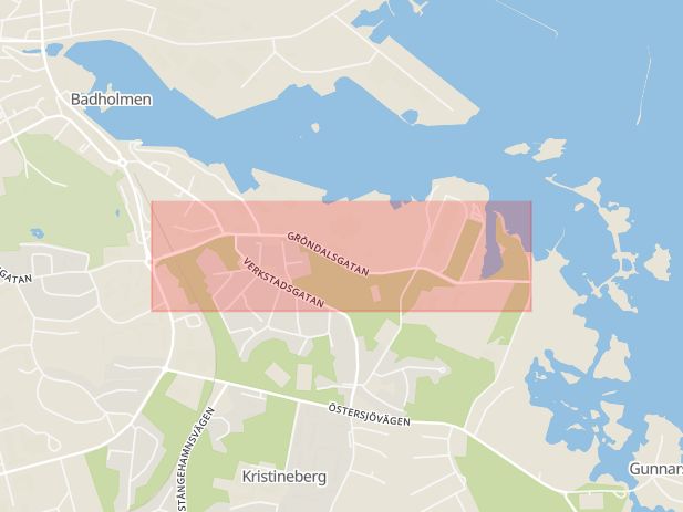 Karta som med röd fyrkant ramar in Gröndalsgatan, Oskarshamn, Kalmar län
