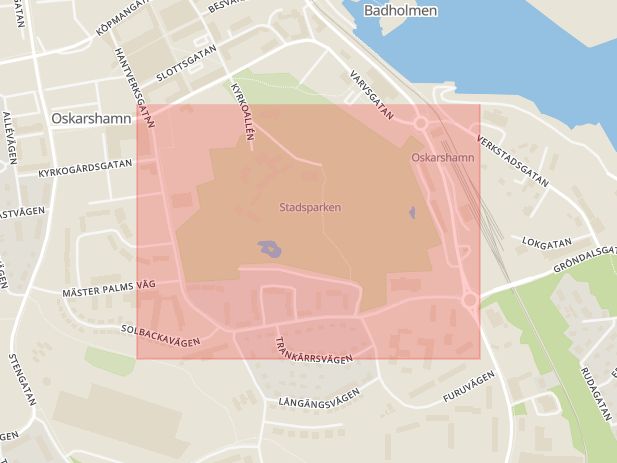 Karta som med röd fyrkant ramar in Hantverksgatan, Oskarshamn, Kalmar län