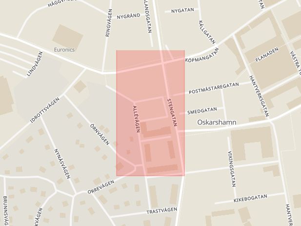 Karta som med röd fyrkant ramar in Smedkroken, Oskarshamn, Kalmar län