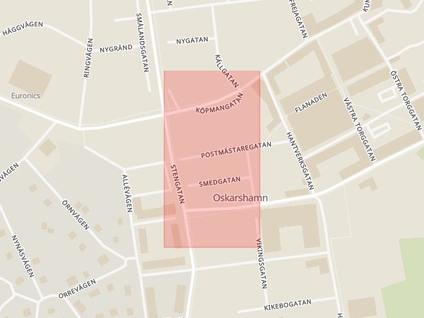 Karta som med röd fyrkant ramar in Postmästaregatan, Oskarshamn, Kalmar län