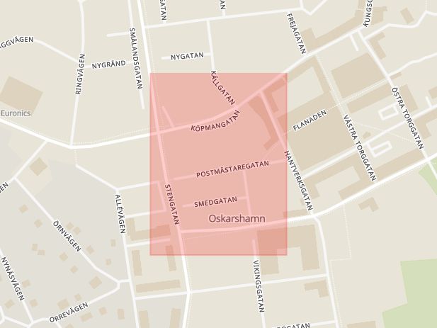 Karta som med röd fyrkant ramar in Postmästaregatan, Oskarshamn, Kalmar län