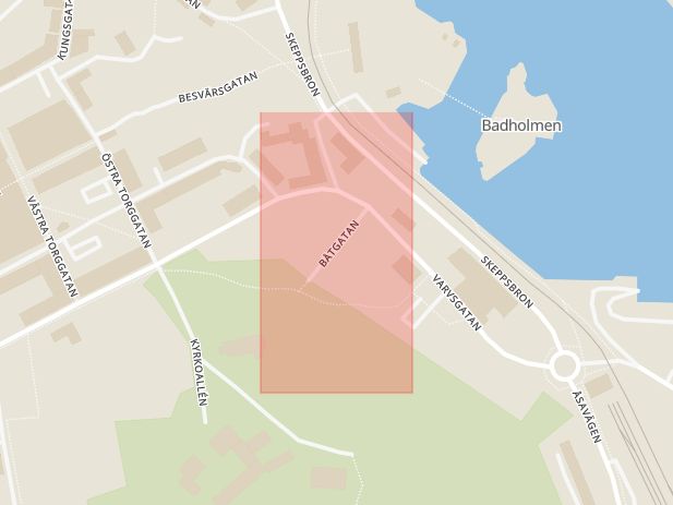 Karta som med röd fyrkant ramar in Båtgatan, Oskarshamn, Kalmar län