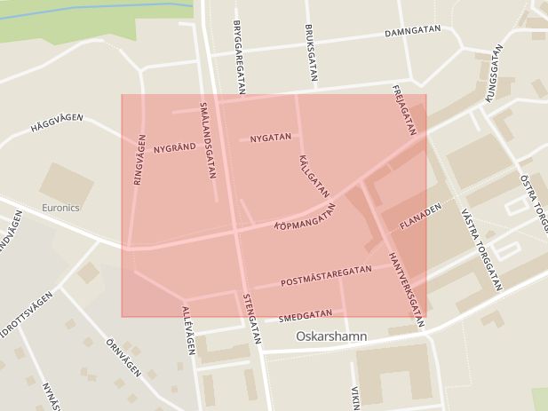 Karta som med röd fyrkant ramar in Köpmangatan, Oskarshamn, Kalmar län