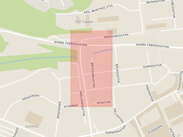 Karta som med röd fyrkant ramar in Bryggaregatan, Oskarshamn, Kalmar län