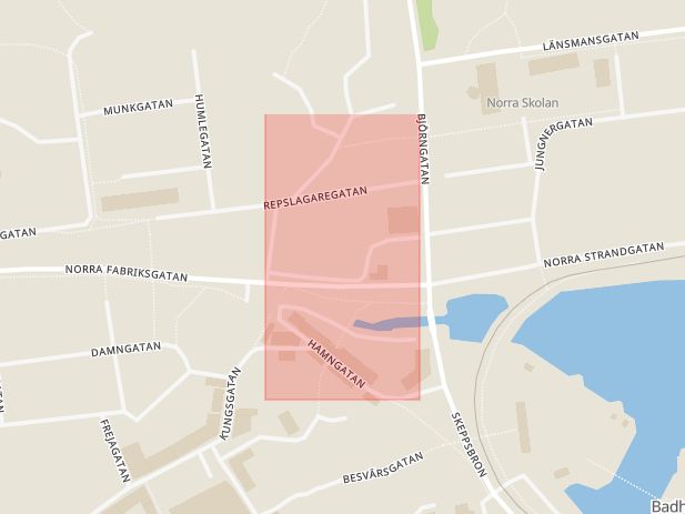 Karta som med röd fyrkant ramar in Sjöfartsgatan, Oskarshamn, Kalmar län