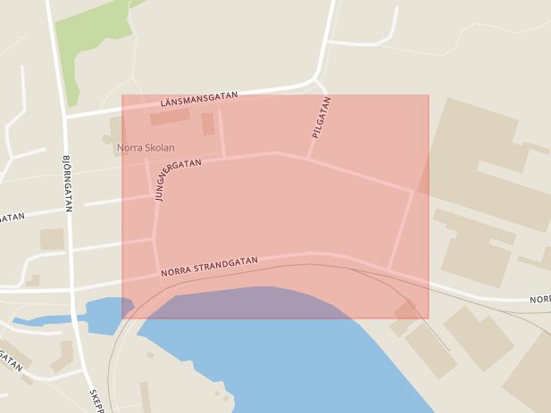 Karta som med röd fyrkant ramar in Jungnergatan, Oskarshamn, Kalmar län
