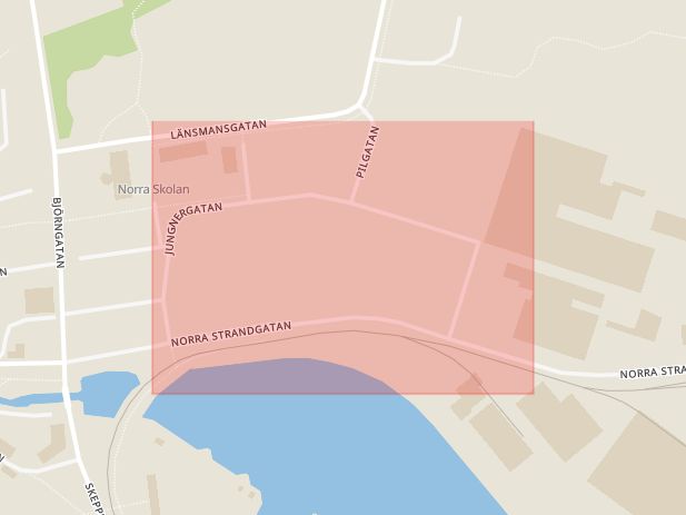 Karta som med röd fyrkant ramar in Jugnergatan, Jungnergatan, Oskarshamn, Kalmar län