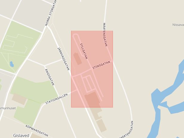 Karta som med röd fyrkant ramar in Stinsgatan, Syllgatan, Gislaved, Jönköpings län