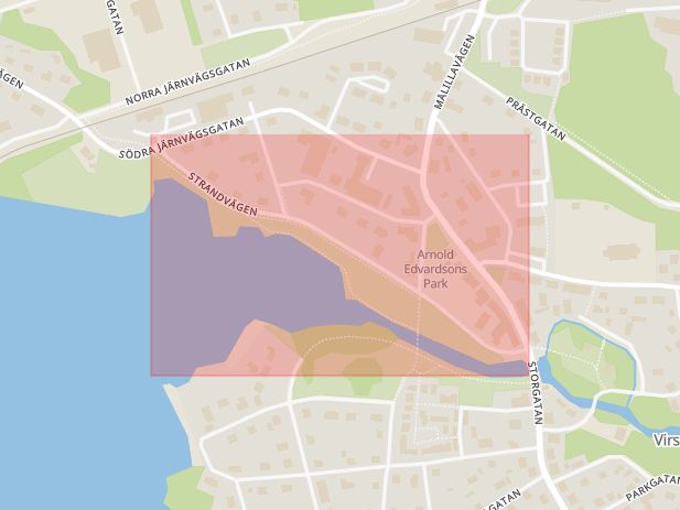 Karta som med röd fyrkant ramar in Strandvägen, Virserum, Hultsfred, Kalmar län