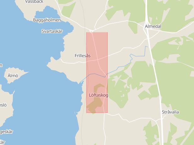 Karta som med röd fyrkant ramar in Göteborgsvägen, Frillesås, Kungsbacka, Hallands län