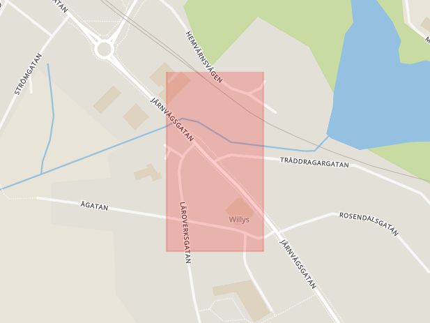Karta som med röd fyrkant ramar in Järnvägsgatan, Tråddragargatan, Gnosjö, Jönköpings län