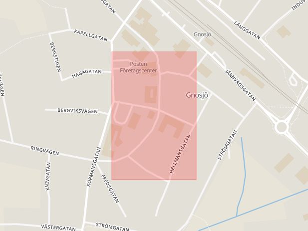 Karta som med röd fyrkant ramar in Regeringsgatan, Gnosjö, Jönköpings län