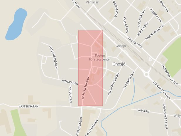 Karta som med röd fyrkant ramar in Köpmansgatan, Gnosjö, Jönköpings län