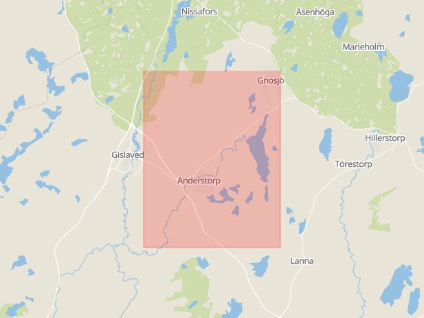 Karta som med röd fyrkant ramar in Anderstorp, Värnamo, Jönköpings län