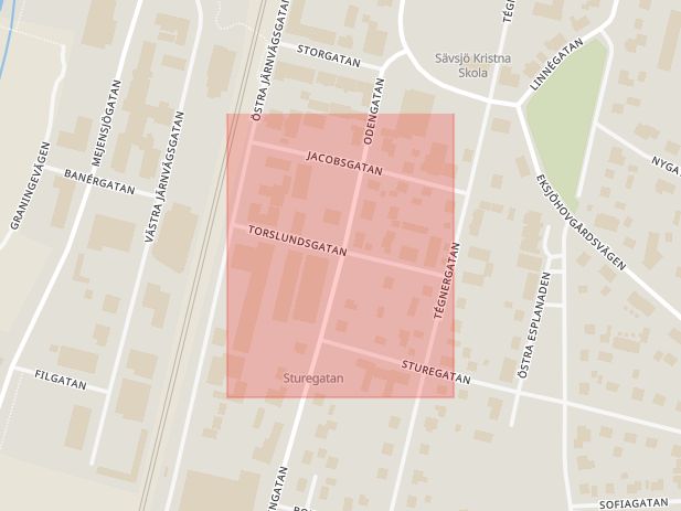 Karta som med röd fyrkant ramar in Torslundsgatan, Sävsjö, Jönköpings län