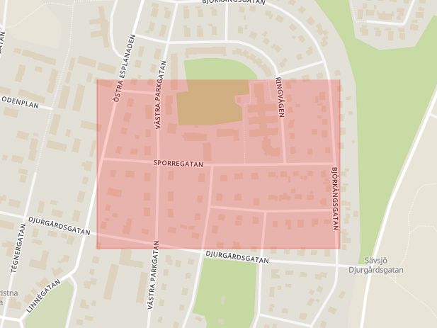 Karta som med röd fyrkant ramar in Sporregatan, Sävsjö, Västra Jära, Jönköpings län
