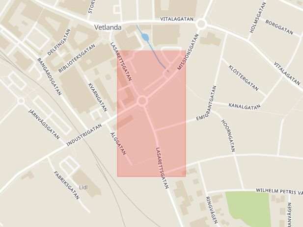 Karta som med röd fyrkant ramar in Lasarettsgatan, Vetlanda, Eksjö, Jönköpings län