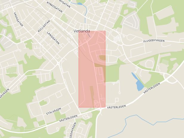 Karta som med röd fyrkant ramar in Lasarettsgatan, Vetlanda, Jönköpings län