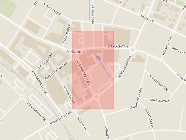 Karta som med röd fyrkant ramar in Folkets Hus, Lasarettsgatan, Vetlanda, Jönköpings län